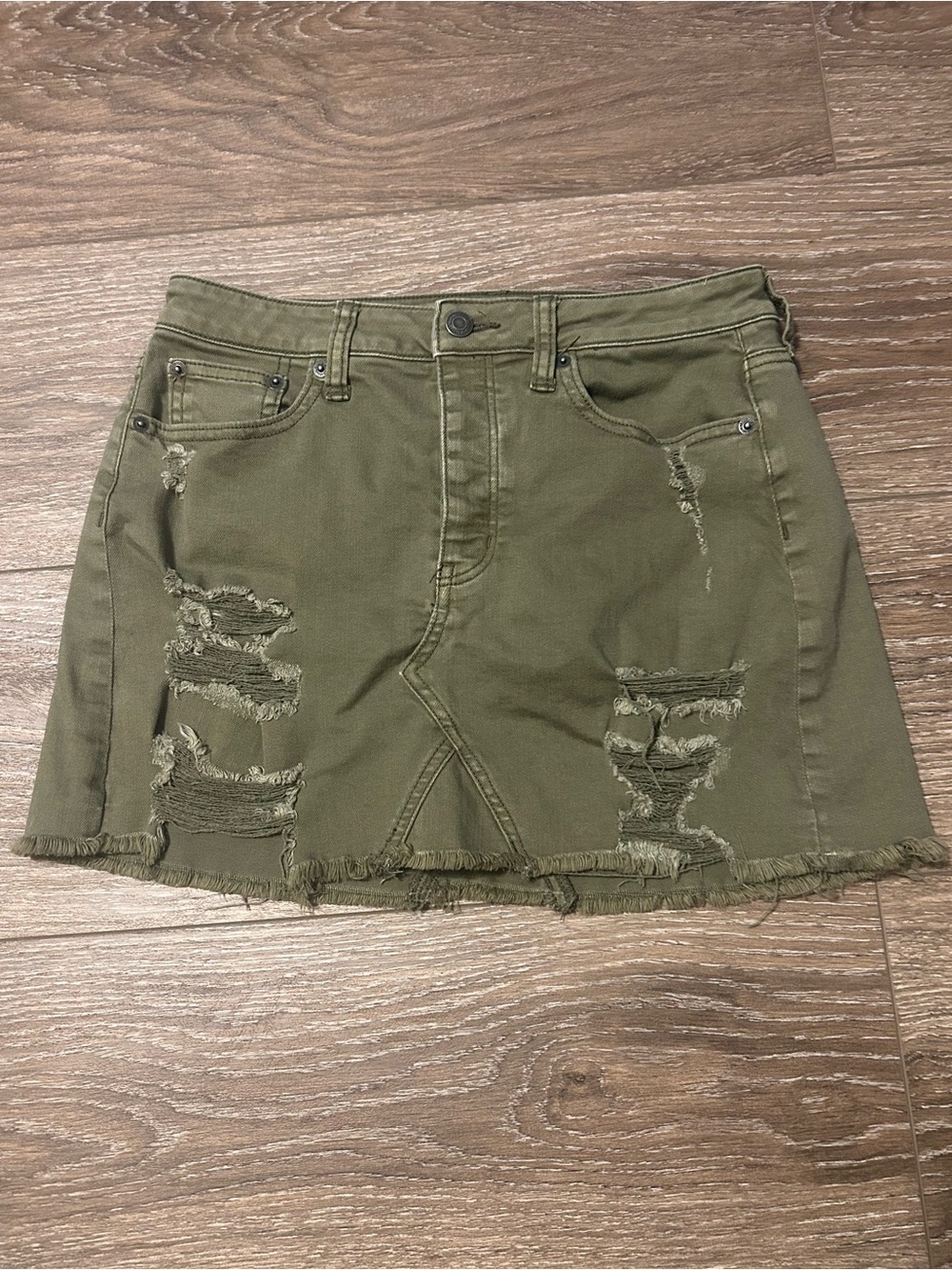 American Eagle Outfitters Olive Distressed Denim Mini Skirt